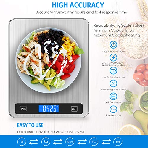 (Upgraded Version) Amir Digital Kitchen Scale 44Lb/20Kg(1G/0.1Oz) Food Scale 5 Units Lcd Display, Stainless Steel And Tempered Glass Scale For Cooking Baking (Sliver) #TOP1