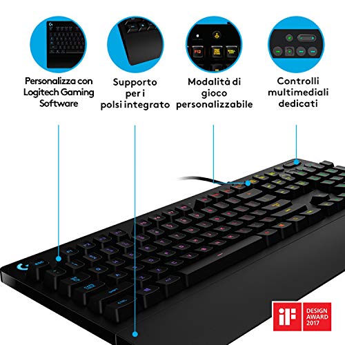 Logitech G213 Prodigy Tastiera Gaming, RGB Lightsync Backlit Keys, Resistente agli schizzi, Tasti personalizzabili, Tasti multimedia personalizzabili, Layout QWERTY US, Nero