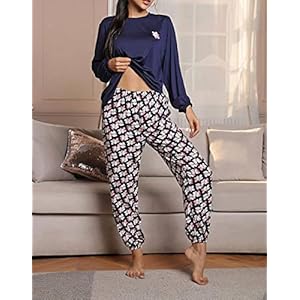 KLIAN Ensembles De Pyjama,Pyjama Féminin Ample Thin Ladies Pyjamas Sleepwear Set Long Sleeve Sleepwear Set Blue Tops Et Floral Pyjama Bottoms Soft Pjs Set Loungewear