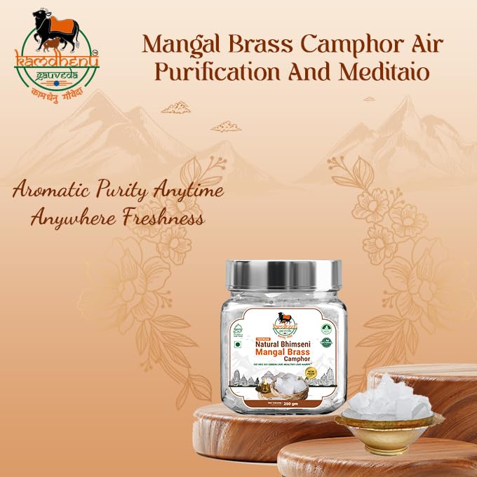 Image of Lab Tested Natural Edible Pacha Bhimseni Mangal Brass Camphor | 100% Pure Organic Solid Kapoor for Electric Diffuser, Havan, Aromatherapy | Premium Glass Jar (250gm)