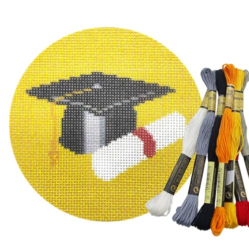Image of Howie's Needlepoint Needlepoint Kits, 18CT Printed Embroidery Pattern Starter Kits, Stamped Patterns Canvas Kits(Graduation hat and Certificate,4x4inch)