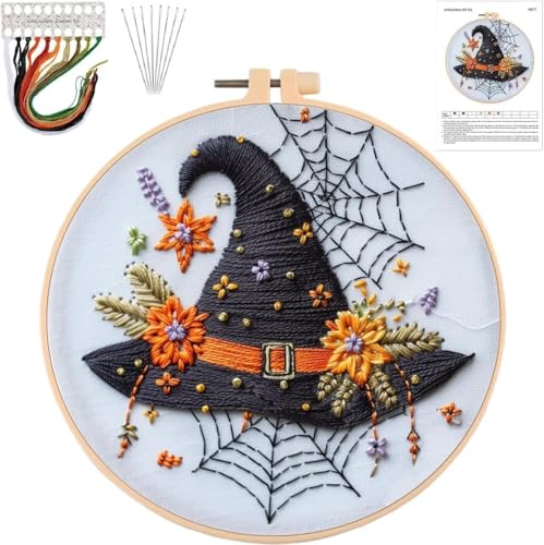 Image of Halloween Embroidery Kit,Halloween Cross Stitch Kit,DIY Embroidery Kits for Adults,Embroidery Kit for Beginners with Pattern,Cotton Threads,Needles,Instruction,20cm Hoop,for Decor Home Room(Witch hat)