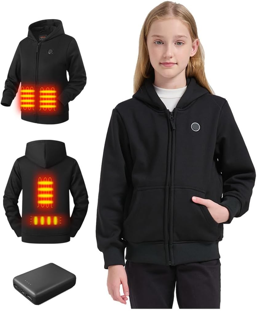 Kids Heated Hoodie with Battery–Fleece Hooded Jacket with 4 Heating Zones for Boys and Girls.