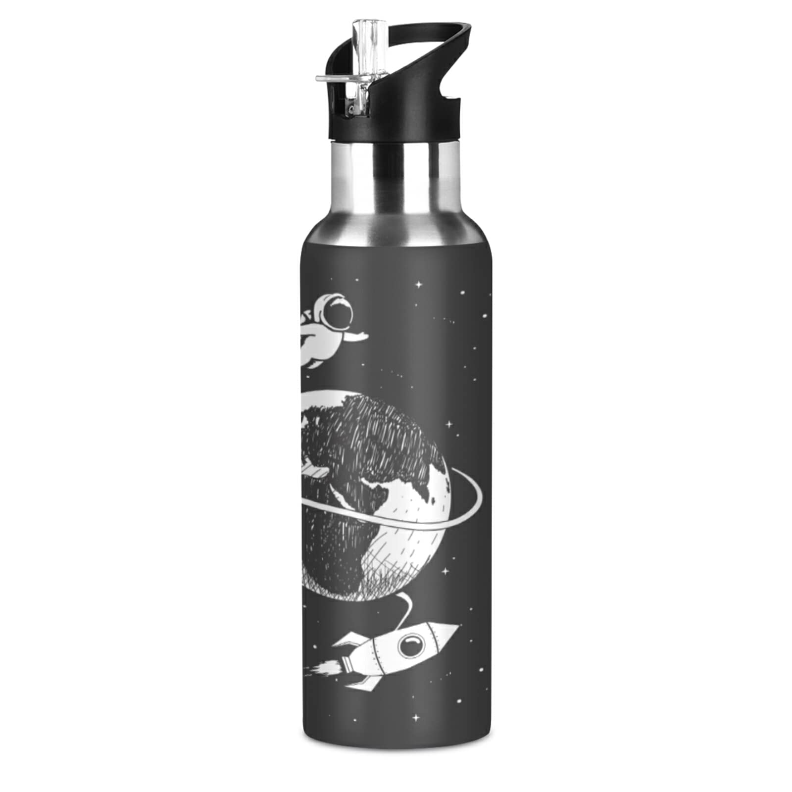 Vnurnrn Luna Razzo Astronauta Spazio Bottiglia Acqua Acciaio Inox, Isolato Borraccia Termica Senza BPA 600ML per Bevande Calde e Fredde per Bambini Sport Ciclismo Scuola