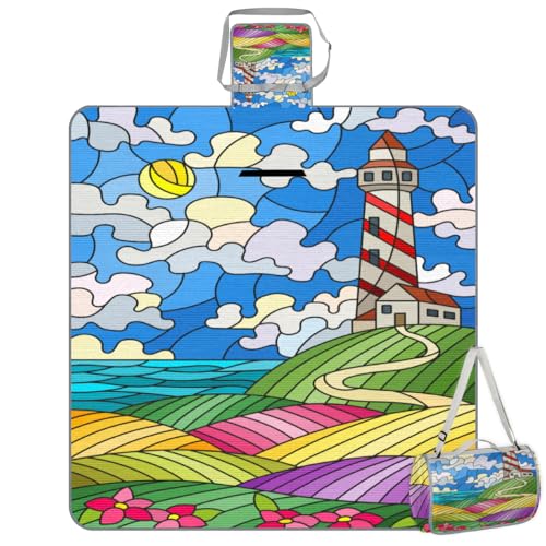 Shimoshe Picnic Blankets 57”x 59”, Abstract Flower Lighthouse Waterproof Sandproof Picnic Mat Lightweight Foldable Beach Blanket for Camping Park Grass Beach Outdoor Blanket