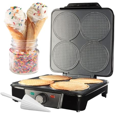 Mini Waffle Ice Cream Cone Maker - Bake 4 Homemade Mini Cones at Once, Includes Shaper Roller - Make Fun Bite Sized Entertaining Desserts for Summer Parties, Special Occasions and Gift Giving Treats