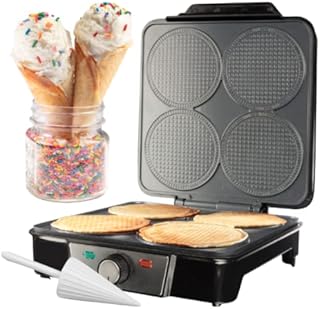 Mini Waffle Ice Cream Cone Maker - Bake 4 Homemade Mini Cones at Once, Includes Shaper Roller - Make Fun Bite Sized Entertaining Desserts for Holiday Parties and Gift Giving