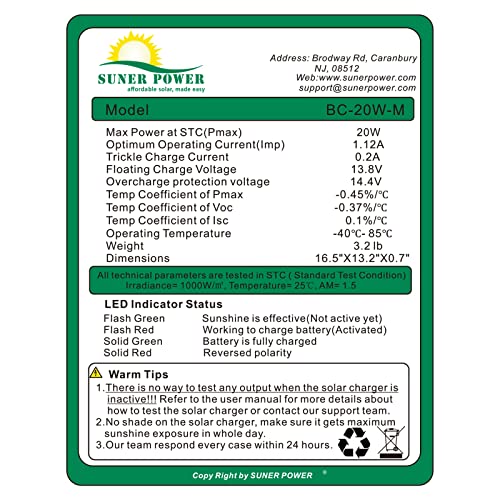 Suner Power 12V Solar Battery Charger Maintainer, Waterproof 20W Solar Trickle Charger, High Efficiency Solar Panel Kit, Built-In Intelligent Mppt Controller + Adjustable Bracket + Sae Cable Kits #TOP4