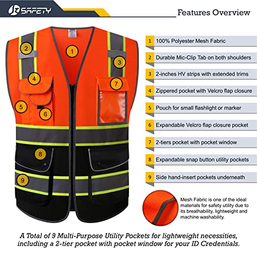 Image of JKSafety 9 Pockets High Visibility Dual Color Zipper Front MESH Lite Safety Vest | Yellow Color Triming Reflective Strip | ANSI /ISEA Standards (100-Orange-Black,3XL)