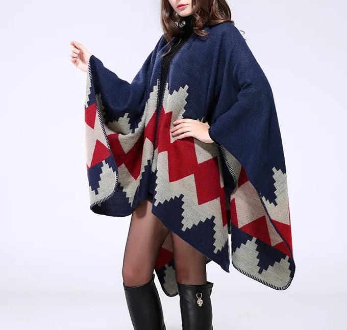Dninmim Suéter de punto estampado para mujer, poncho para otoño e invierno, casual, cálido, chales y bufandas