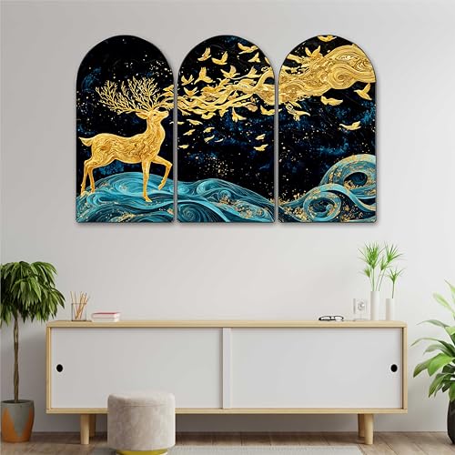 Image of Livin'luxe Golden Deer Arch Shape Wall Painting Set of 3 | Blue Wave & Night Sky Art Panels | Modern MDF Textured Triptych for Living Room, Bedroom, Hall & Home Wall Decor (20 x 30 Inch) RPNS-35387