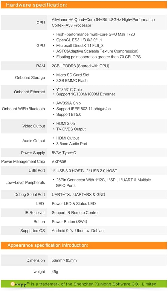 Orange Pi 3 LTS Allwinner H6 2GB LPDDR3 8GB EMMC Flash Quad Core 64 Bit Single Board Computer 5V3A Type-C Support Android 9.0, Ubuntu, Debian Mini PC (PI3 LTS+ Type-C Power Supply+case)
