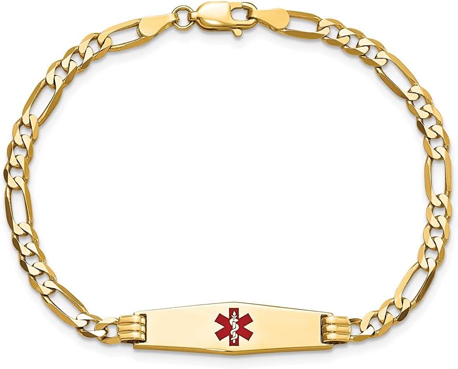 Engravable Personalized Custom 14K Yellow Gold Medical Soft Diamond Shape Red Enamel Figaro ID Bracelet For Men or Women Length 7 inches Width 7.5 mm