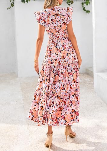 Image of PRETTYGARDEN Women's 2026 Summer Floral Midi Dress Cap Sleeve V Neck Ruffle Long Flowy Boho Casual Beach Vacation Dresses