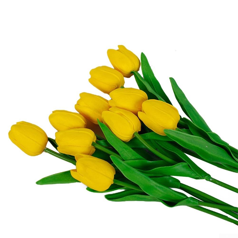 Ramo de tulipanes artificiales vibrantes y realistas para decoración de sala de estar (paquete de 10) (33 cm, amarillo)