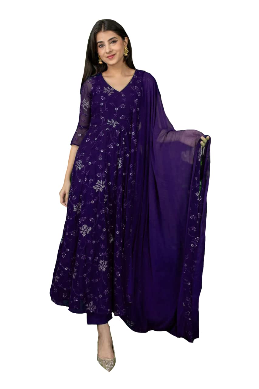 Xomantic Fashion Purple Color Georgette Embroidered Designer Anarkali Kurta Dupatta Set (Large, Purple) For Women