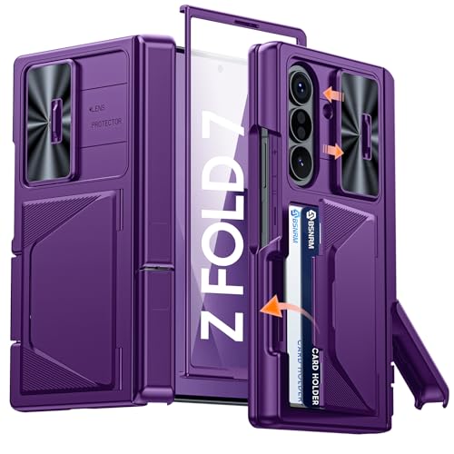 Image of for Samsung Galaxy Z Fold 7 Case with Card Holder RFID Blocking, Built in Slide Lens Cover & Hinge Protection & Kickstand & Screen Protector, Shockproof Wallet Case for Z Fold 7 (Purple)