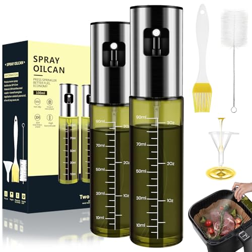 Cozxra Spray Huile Cuisine Pulvérisateur d’Huile, Lot de 2 Vaporisateur Huile Verre 100ml, Pulverisateur d'olive Inox pour Grillades, Air Fryer, Ustensiles...