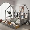 Full Size House Bed for Kids Montessori Platform Bed Frame with 2 Drawers and Storage Shelves Twin Bed Frame with Headboard for Girls Boys Gray 775 L x 576 W x 774 H