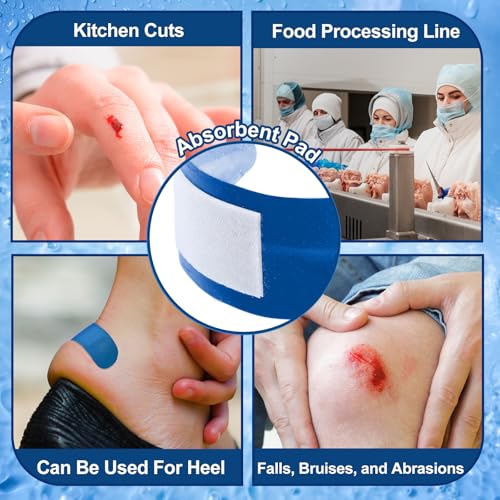Geiserailie 120 Pcs Food Service Blue Detectable Bandage Woven Fingertip Waterproof Flexible Bandages Non-Stick Pad Latex Free for Catering First Aid Kit Wound Care and Protection(1\" X 3\",Rectangle) - Thumbnail 6