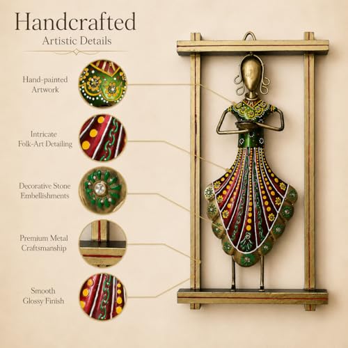 Image of iHandikart Metal Wall Art for Home Decor | Traditional Rajasthani Lady with Diya Wall Hanging | Hand-Painted Iron Wall Sculpture with Stone Work | Wall Decor for Living Room & Bedroom | 13 x 7 Inch