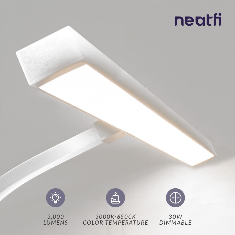 Neatfi LED-Schreibtischlampe mit Klemme, 3.000 Lumen | Dimmbar | 5 Helligkeitsstufen & 5 Lichtmodi | Memory-Funktion | Augenfreundliche Flexible Lampe für Zuhause und Büro (80 CM, Weiß)