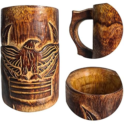 collectiblesBuy Authentic Retro Rustic Brown Hand Carved Eagle Design Embossed Large Wooden Beer Tankard Mug Food Safe Cover