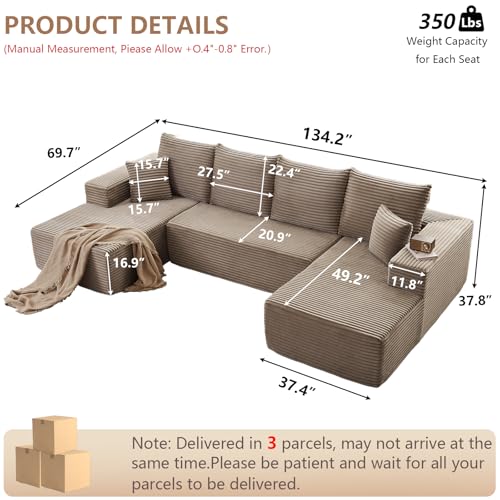 Image of 134.2 inch Modular Sectional Sofa, Modern Corduroy Cloud Couch with Deep Seat, Boneless Couch Upholstered 4-Seater U-Shaped Sofa for Living Room, No Assembly Required (Camel)