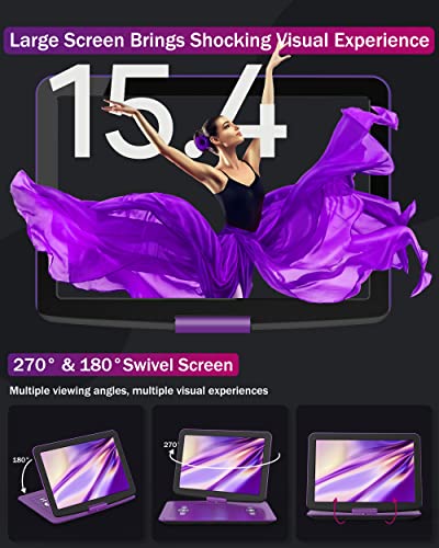 Wonnie 17.9" Portable Dvd/Cd Player With 15.4" Large Swivel Hd Screen, 6 Hours 5000Mah Rechargeable Battery, Support Usb/Sd Card/Sync Tv, Regions Free, Car Charger, Remote Control For Kids, Purple #TOP1
