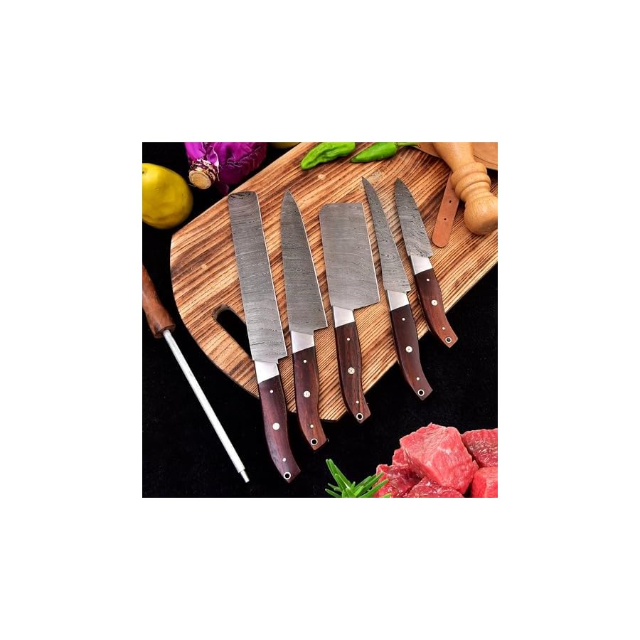 HM-(Brown) Custom Made Damascus Steel #6 Pcs of Professional Utility Kitchen knives Set Comes with Sweet Leather Roll Kit (3712)