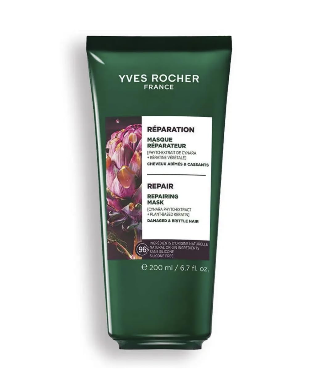 Yves Rocher Hair Repair Mask with Plant Keratin Strengthening Deep Conditioning Treatment for Damaged Hair Elasticity Shine Hydrating Nourishing Hair Care 200 ml/6.76 fl oz