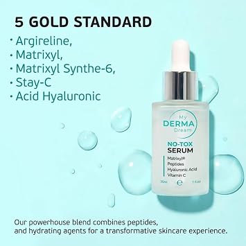 NoTox Anti Aging Peptide Serum for Face and Neck, Fine Lines, 1 fl oz | My Derma Dream, Peptide and Hyaluronic Formula, Lightweight, Fragrance Free, Works with MyoGlow