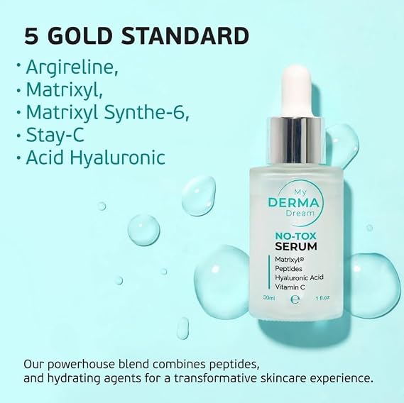 NoTox Anti Aging Peptide Serum for Face and Neck, Fine Lines, 1 fl oz | My Derma Dream, Peptide and Hyaluronic Formula, Lightweight, Fragrance Free, Works with MyoGlow