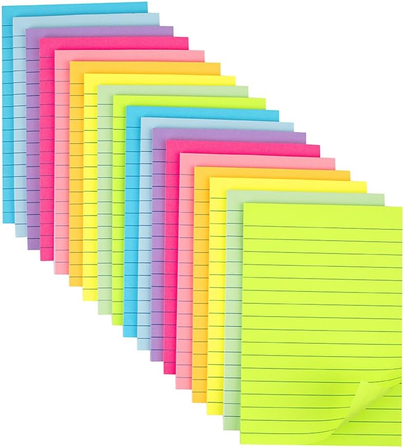 (18 Pack) Lined Sticky Notes 4x6 in,Large Notepads with Lines,Ruled Stickies Super Sticking Power,Office School Memo Note Pads Bright Colors,Post on Windows Doors,Recyclable,Easy to Write on