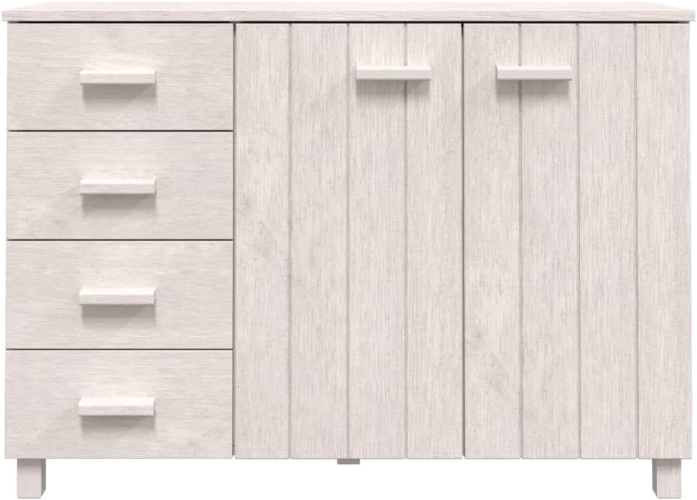White Solid Pinewood and MDF Medium Sideboard with 4 Drawers and 2 Doors for Dining Room Living Area Storage Furniture