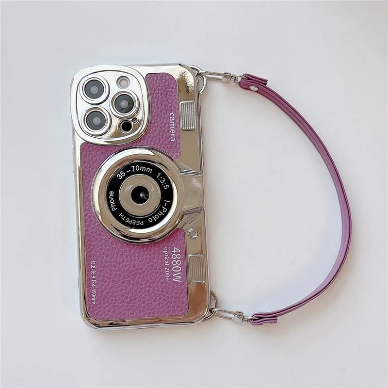 Image of LuxuryKase Retro Vintage Camera Style Case for iPhone 15 Pro | 3D Lens Design | Hand Strap | PU Leather Finish | Soft TPU Edge | Stylish Fashion Cover - Purple