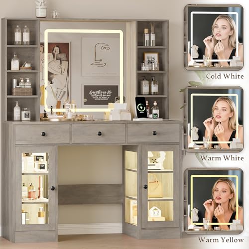 Image of Makeup Vanity Desk with Mirror and Lights, 43 inch Grey Vanity with Glass Top, Jewelry Storage, 3 Drawers & Glass Cabinets, Power Outlet & Adjustable LED Lights, Dressing Table for Women & Girls Bedroom