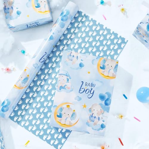Papier cadeau bleu bébé éléphant pour anniversaire de garçon
