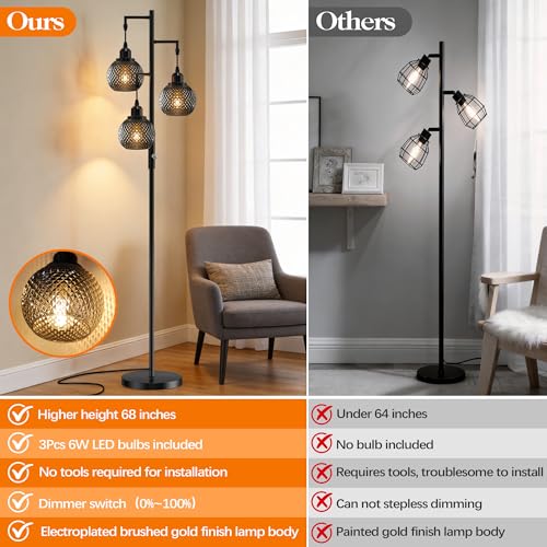 Image of QiMH Modern Glass Floor Lamps for Living Room, 3 Lights Standing Lamp, Grey