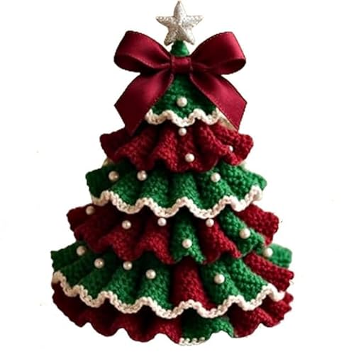 DIY Crochet Christmas Tree Kit – Handmade Holiday Decoration Set,Tree Bow Pearl Embellishment,Beginner Christmas Kit,Christmas Party Crochet Decorations,Holiday Ornament Decor (Red&Green)