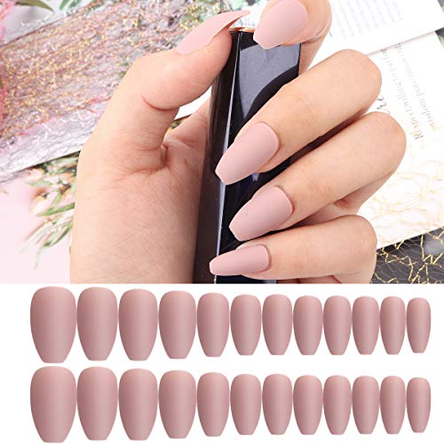 Coffin Matte False Nails, 24Pcs Pure Color Matte Coffin Nail Tips Ballerina False Gel Nails Art Set Full Cover Fake Nails, Acrylic Press on Nails with Nail Adhesive Tabs and Nail File (Nude Pink) - Thumbnail 3