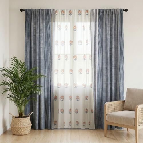 Image of Peepul Tree Pure Cotton and fine Mulmul Curtain Set of 2 Handwoven and 1 Sheer Curtain | Blue and Dusty Pink | 7 ft| Set of 3 | Royal Courtyards Collection