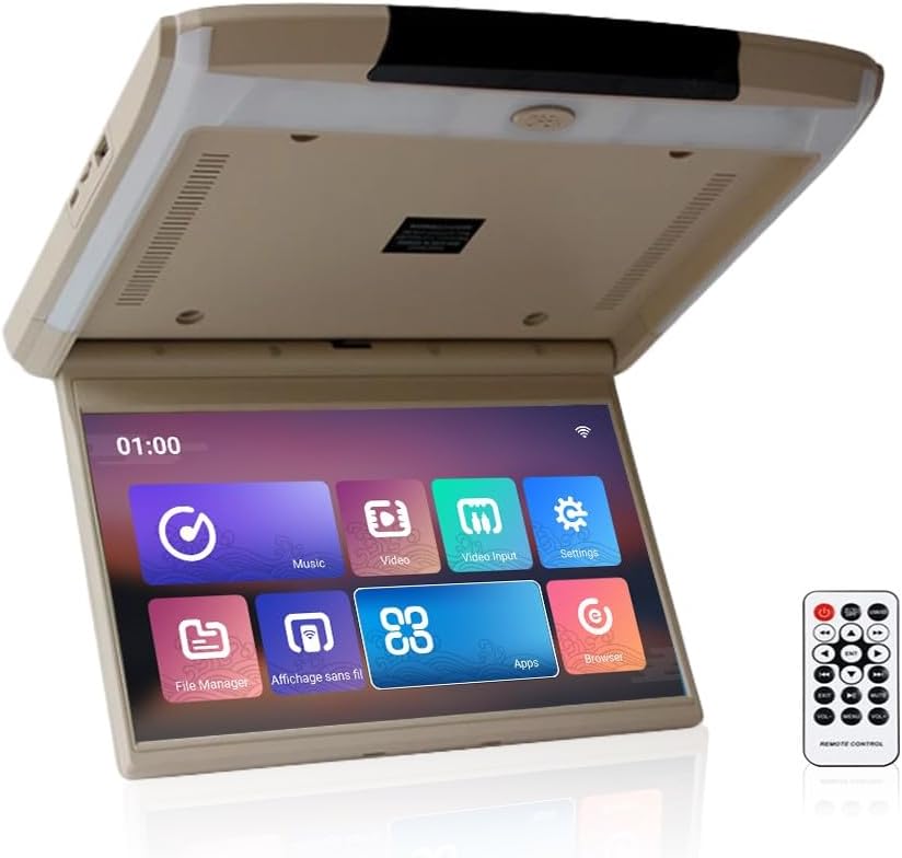 Kunfine Android Car Overhead Player 15.6 Inch Wide IPS Screen Video Car Roof Mount Monitor with Built-in Stereo Speakers Flip Down Overhead Car Monitor Support Bluetooth WiFi HDMI USB NO DVD（Beige）