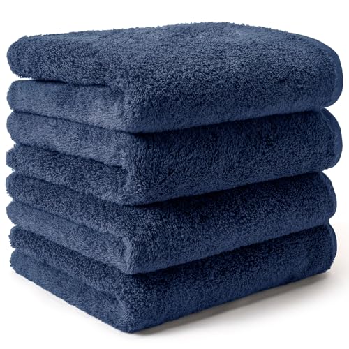 AIFY 無撚糸フェイスタオル 4枚セット 綿100% 速乾 厚手 ふわふわ 肌触り 瞬間吸水 抗菌 防臭 防ダニ ホテル仕様 長持ち プレゼント ギフト 一人暮らし 新生活応援セット エステ サロン スポーツ用 34×80cm ネイビー