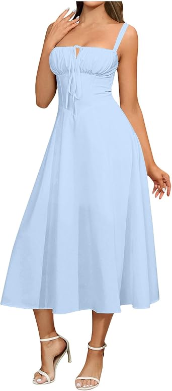 Ruziyoog Women Casual Sleeveless Dress Low Cut Spaghetti Straps Square Neck Y2k Dress Lace Up Flowy Swing Bustier Sundress
