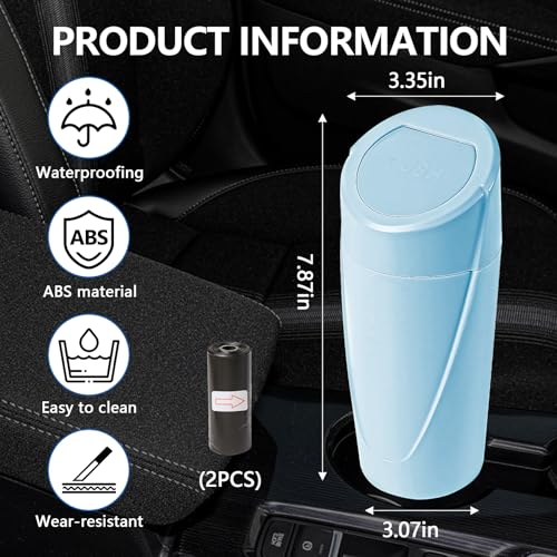 Image of Hovom Mini Car Trash Can with Lid, Portable Garbage Can for Car, Leakproof Cup Holder Automotive Garbage Bin with 2 Rolls of Trash Bags, Small Trash Storage Can for Car Home Office(Light Blue)