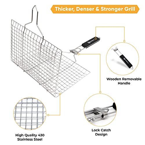 Bbq Fish Grill Basket For Outdoor Grill, Stainless Steel Vegetable Grilling Basket With Detachable And Foldable Handle Includes 50 Bamboo Skewers, Basting Brush, And Carry Bag #TOP4