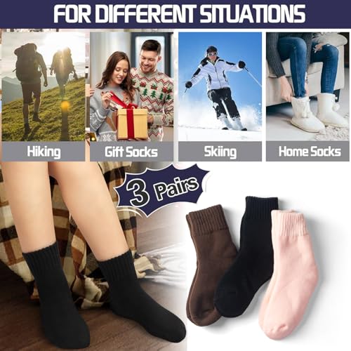 Image of 3 Pairs Winter Socks for Women Thermal Insulated Solid Thick Warm Cozy Crew Socks Christmas Gift