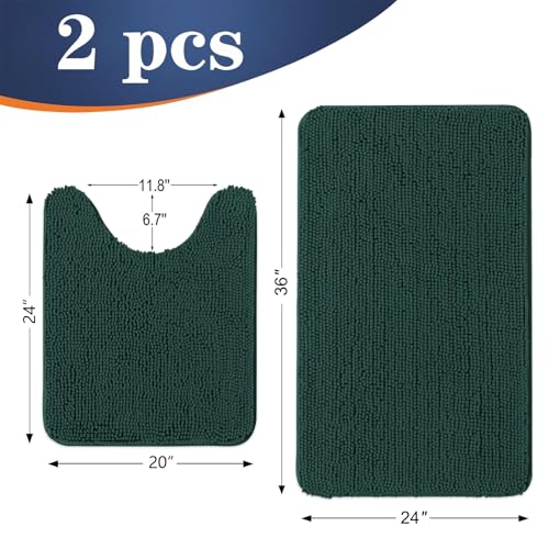 Image of OLANLY Bathroom Rugs Sets 2 Piece, Soft Absorbent Chenille Bath Mats and U-Shaped Contour Toilet Rug Set, Machine Washable Bath Carpet, Home Decor Accessories(36 inchx24 inch+24 inchx20 inch, Blackish Green)