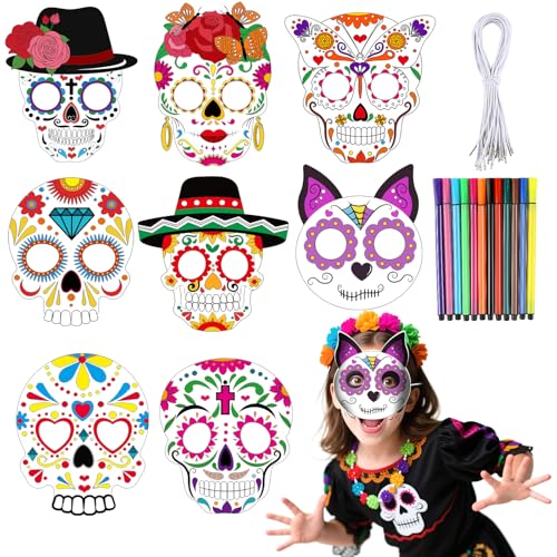 HOWAF 24 Maschera Dias De Los Muertos,Maschere da Colorare per Bambini Maschera Teschio Messicano Fiesta Messicana Maschere Carnevale da Colorare maschera Dia De Los Muertos Decorazioni Halloween Mask